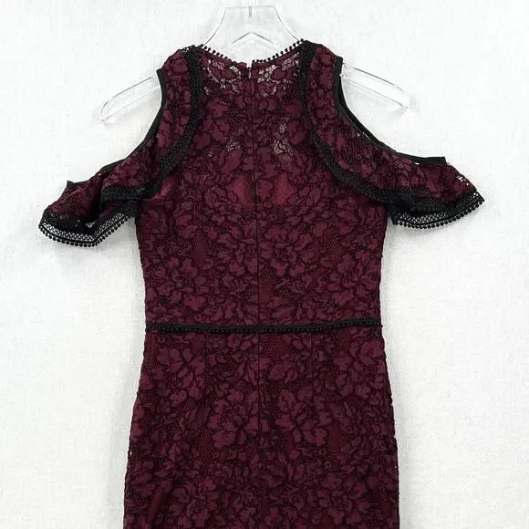 ALEXIS Evie Lace Midi Sheath Dress Womens Small Burgundy Crew Neck Cold Shoulder - Picture 8 of 16